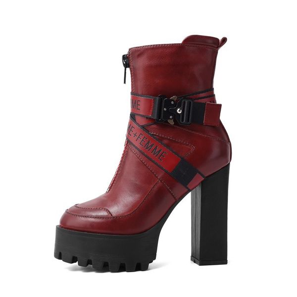 

boots olomm female platform ankle leather boots square cow high heels toe round red wine black women's club size eua 3-9.5 nbo3