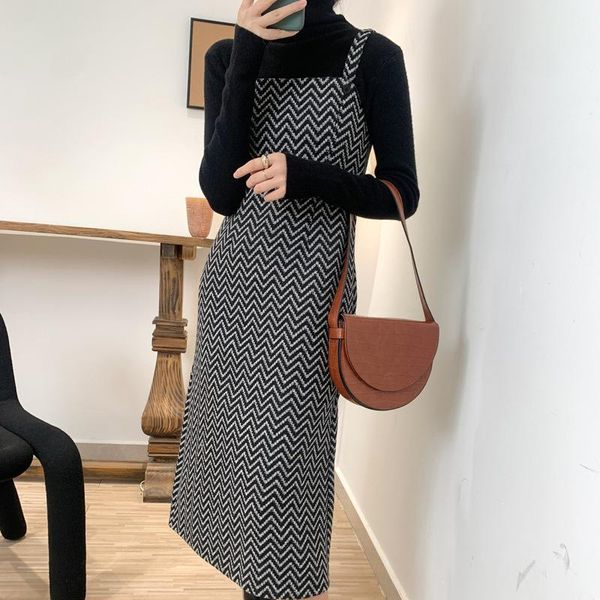 

casual dresses [ewq] 2021 autumn winter female loose panelled striped sleeveless minimalist over knee tweed a-line dress 8q146, Black;gray