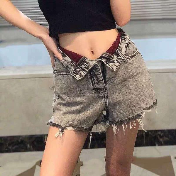 

women denim shorts turn over waistband jeans casual wild women's, White;black
