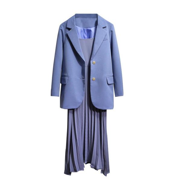 

work dresses temperament lady suits dress sets 19 elegant full sleeve pink jacket casual pleated strap two-piece suit high quality, White;black