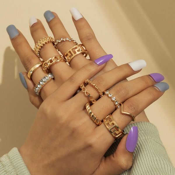 

cluster rings vintage ring set hollow crystal women's 10pcs sets jewelry accessories drop yp8321, Golden;silver
