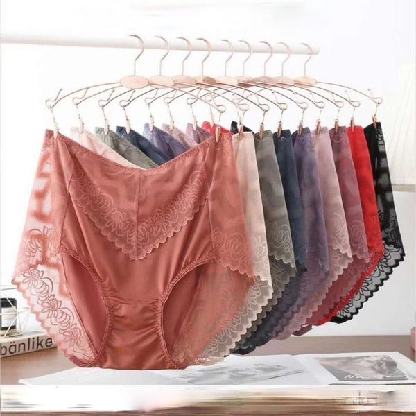 

women's panties extra-large size high-waist lace fat transparent seamless mesh ultra-thin briefs breathable underwear, Black;pink