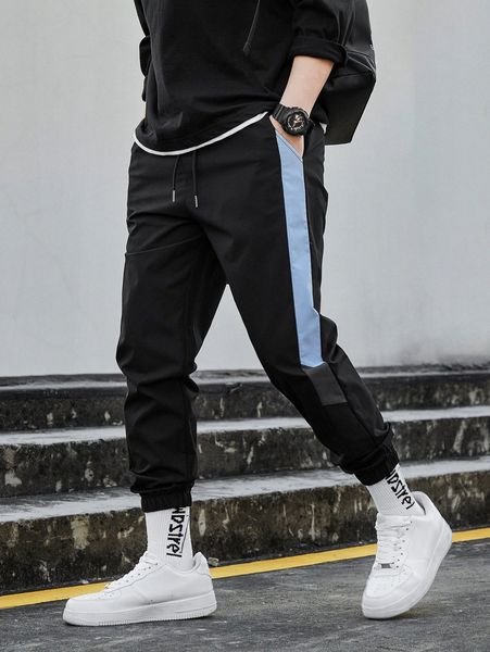 

men contrast side seam drawstring waist pants 3874#, Black