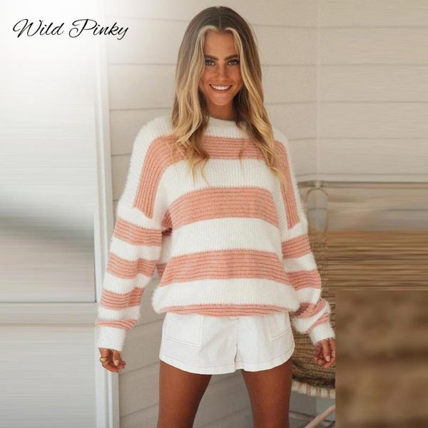

wildpinky autumn sweater women's o-neck knitting pullover women winter clothes striped loose sweaters, White;black