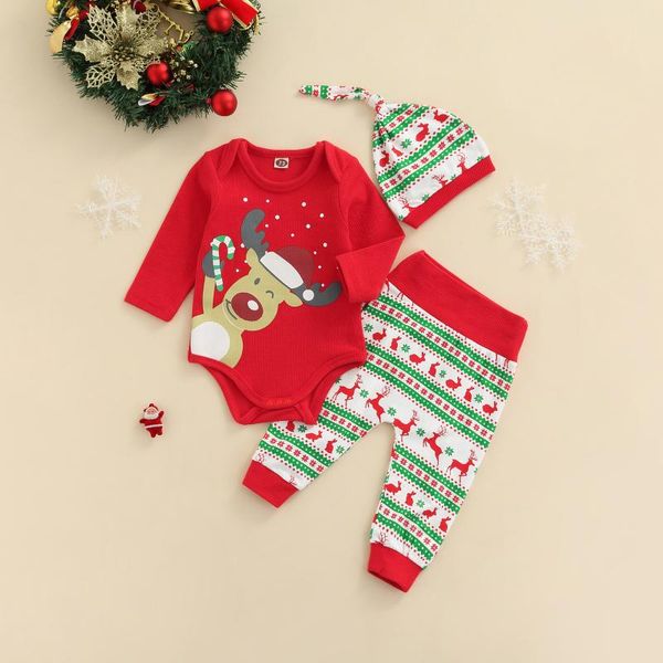 

clothing sets 3pcs baby's printed long sleeve romper striped trousers hat toddler girls boys spring autumn christmas 3-18 months, White