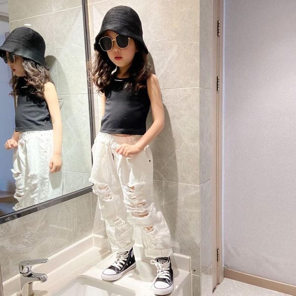 

fashion foreign style children's wear hole casual pants spring and summer 2021 girls' trend white versatile jeans, Blue