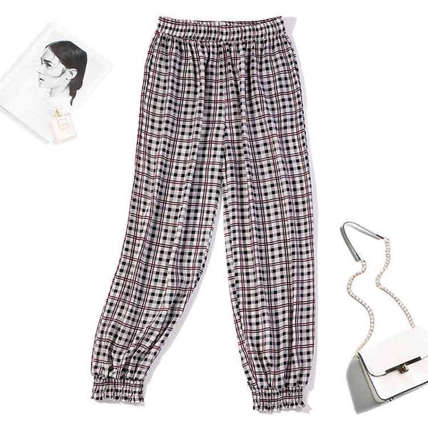 

pants women's 100% pure silk checks elastic waist jogger harem pants trousers l xl jn521, Black;white