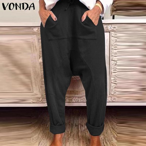 

women's pants & capris women high waist long loose cotton harem vonda linen fashion vintage lace up trousers casual solid pant ezw, Black;white