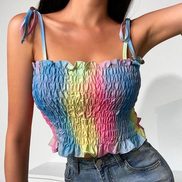 

women's tanks & camis 2021 summer fashion ladies tie-dye printing adjustable shoulder straps colorful sling pleated short vest top, White
