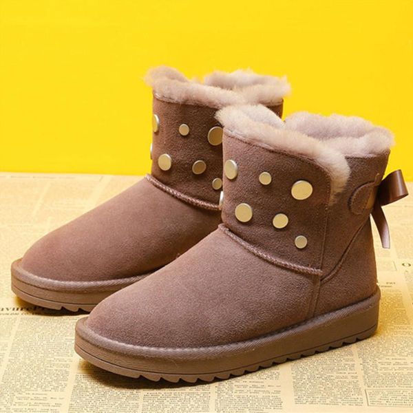 

boots 2021 winter genuine leather wool all-in-one snow cotton mid-tube bow knot women's shoes, Black