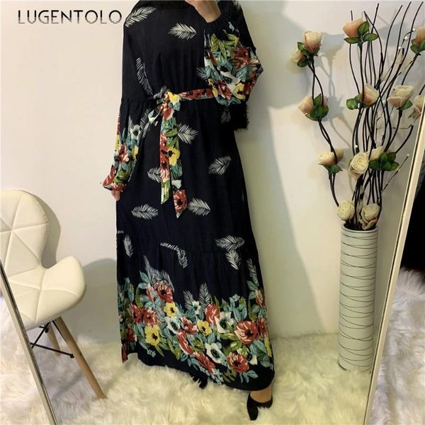 

casual dresses lugentolo women loose dress fashion muslim flower printed big swing lace-up large size lady maxi, Black;gray