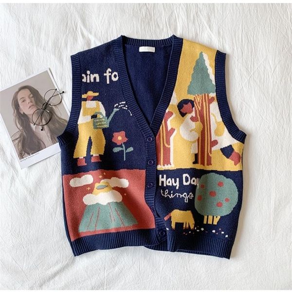 

men's vests lazy style retro printed knitted vest autumn and winter harajuku japanese ins loose casual couple, Black;white