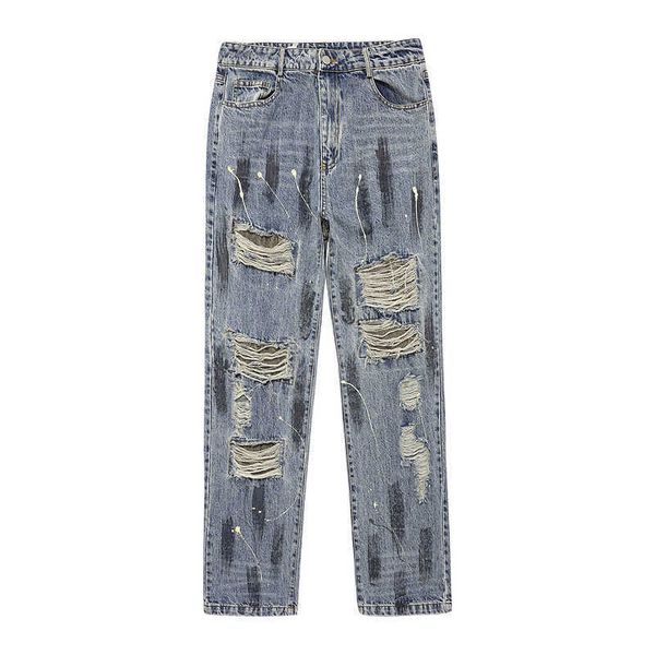 

men's jeans high street splash ink hole straight jeans beggar pants, Blue