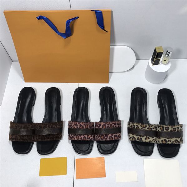 

designer sandals leopard print presbyopia stitching hairy drag non-slip outsole ladies one-word slippers autumn and winter slippers 35-40 ya, Black
