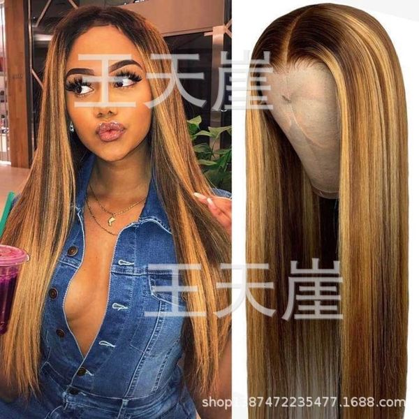 

dyeing 2021 wig women's gradient yellow medium length straight hair, Black