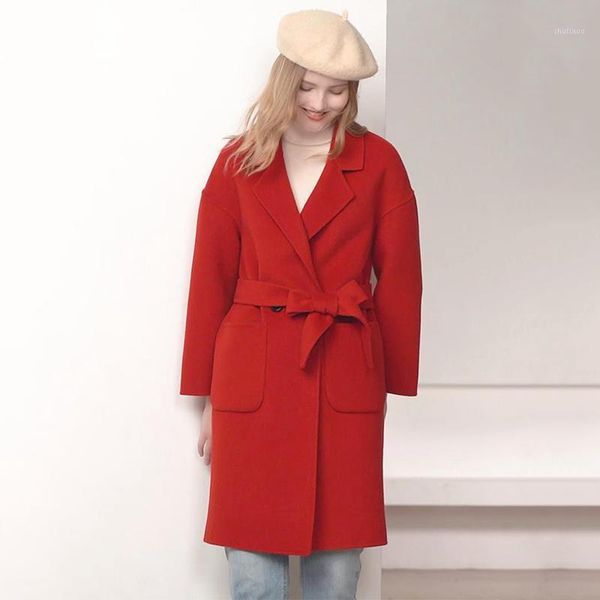

women's wool & blends sparsil women winter 100% coat office lady thicken warm double-faced woolen coats with belt solid elegant fashion, Black