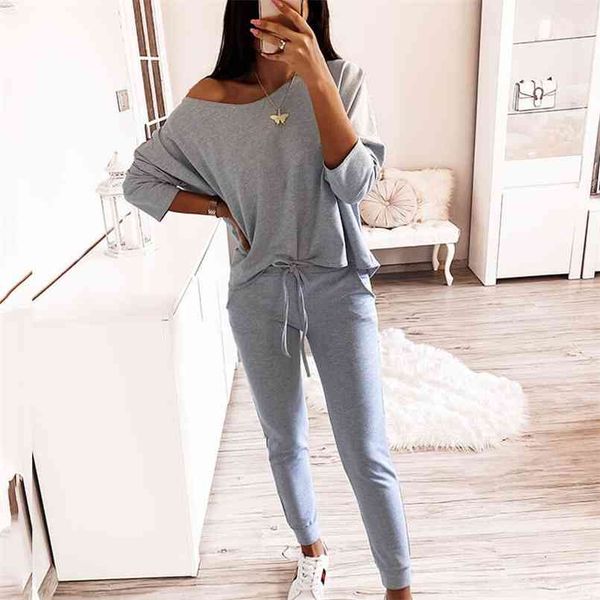 

two piece sets womens outfits autumn solid color long-sleeved off-shoulder casual suit 2 set women sweat suit 210508, White