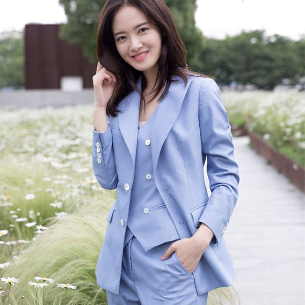 

pants 3 piece set women suits elegant ol slim blazer suit+double breasted vest+high waist skinny ankle length pants outfit sets, White