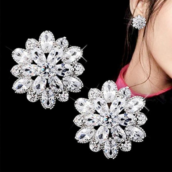 

stud silver color cubic zirconia flowers earrings for women luxury bride party fashion jewelry gifts, Golden;silver