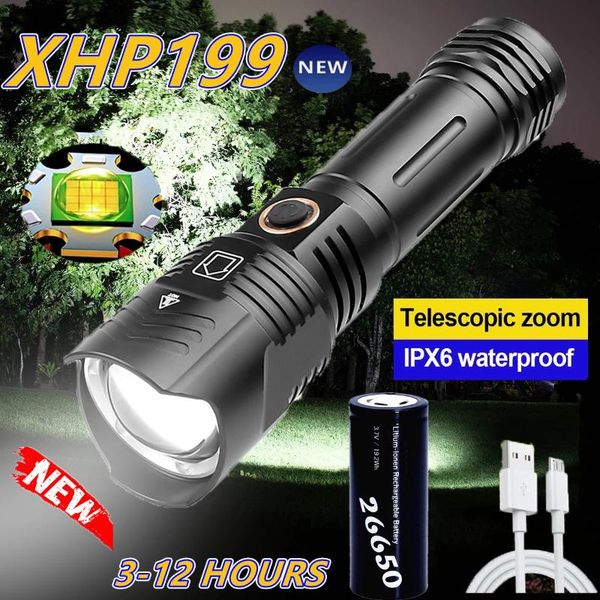 

flashlights torches 2022est xhp199 led zoom torch usb rechargeable most powerful xhp50 by 18650 lantern portable handheld light