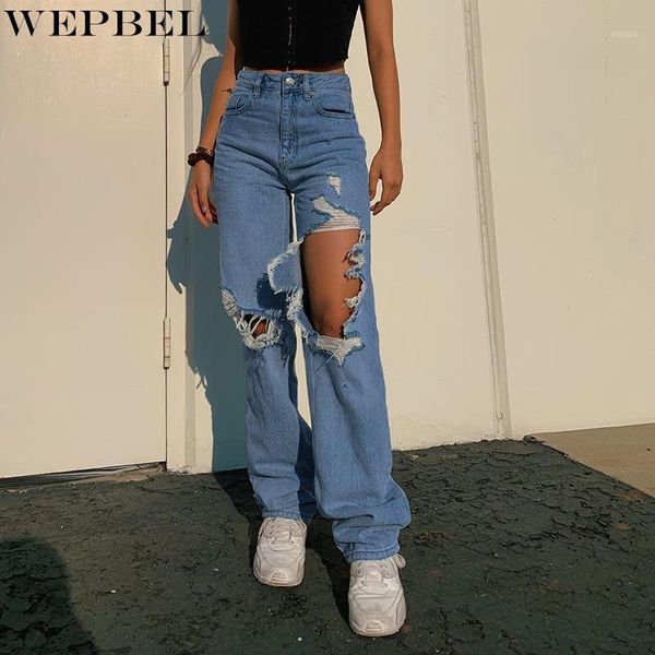 

women's pants & capris wepbel jeans solid color loose hole summer high waist button denim straight-leg trousers, Black;white