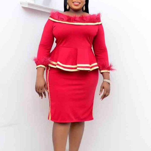 

women two pieces set off shoulder peplum pencil skirt elegant office classy with feather plus size ladies xxl suits 210416, White