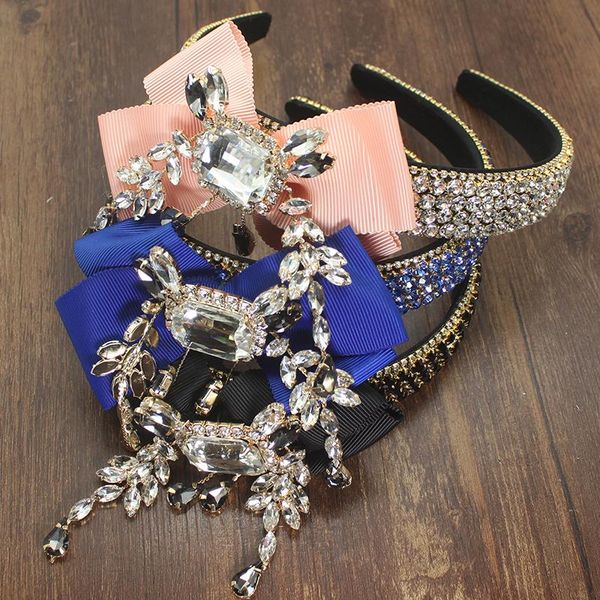 

hair clips & barrettes white blue and black crystals-inlaid bowknot rhinestone hairband luxury baroque wide headband for women wedding acces, Golden;silver