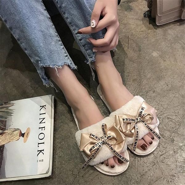 

slippers women home winter warm shoes woman indoor slip on flats slides female faux fur house, Black