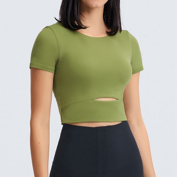 

tracksuits luxury women's wearlulu autumn style yoga sleeve with breast cushion short open navel running sports bodysuit top, Gray