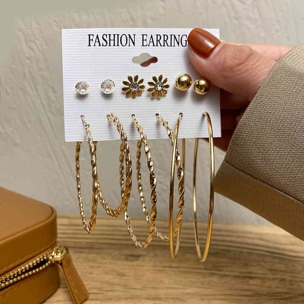 

charms earrings product creativity 6 pairs of set chrysanthemum inlaid diamond exaggerated big circle gold, Golden