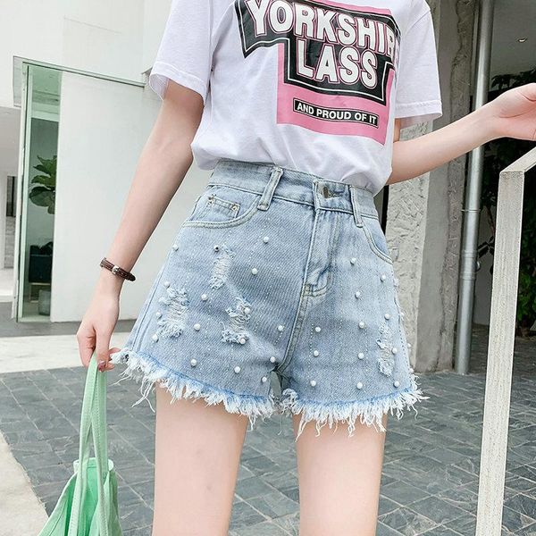 

women's shorts korean diamond beaded pearl frayed high waist denim women casual wide leg ripped short jeans 2021 summer my1630, White;black