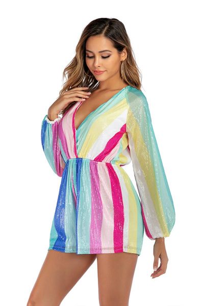

women playsuits deep v-neck long sleeve striped sequin women's romper short jumpsuit 2021 spring summer beach overalls jumpsuits & romp, Black;white