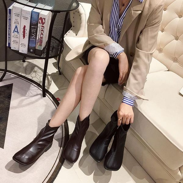 

boots thin short fashion personality square head 2021 korean net red women's ins zipper thick heel, Black