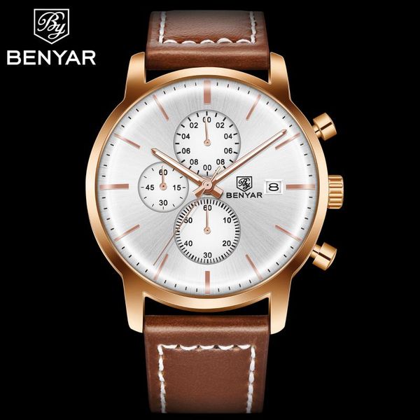 

wristwatches benyar men`s watch brand quartz watches fashion chronograph waterproof 30 m business clock wristwatch mens relogio masculin, Slivery;brown