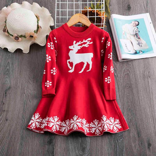 

girls christmas dress full sleeve snowflake printed autumn winter knitted sweater red xmas children dresses year kids dress, Red;yellow