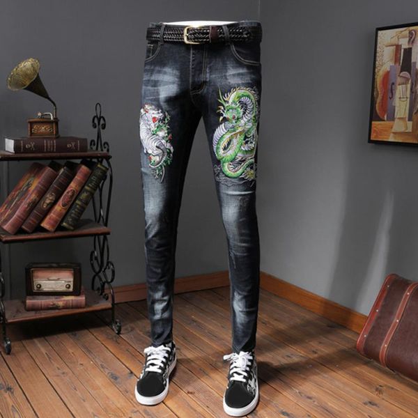 

dragon embroidery jeans 2021 spring summer autumn hombre hight street punk rock pencil denim pant strechy blue black men's