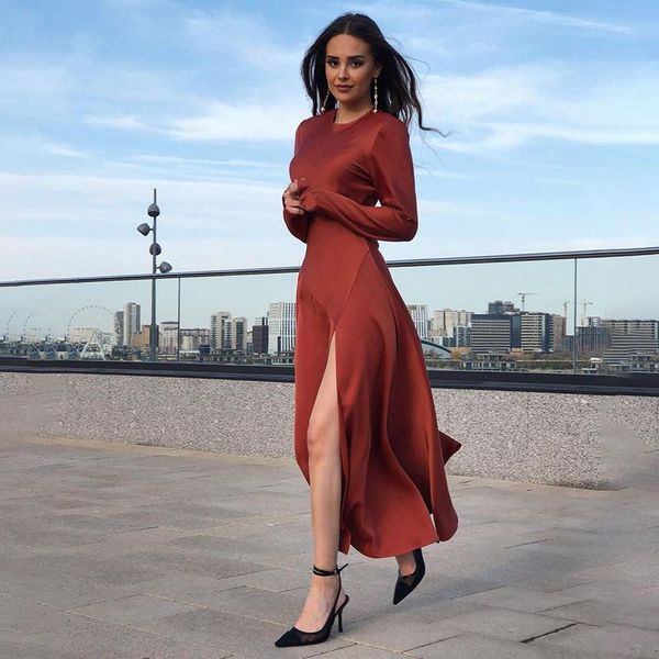 

casual dresses elegant vintage women dress silk split fork autumn party long sleeve satin ankle length midi 2021 fit and flare, Black;gray