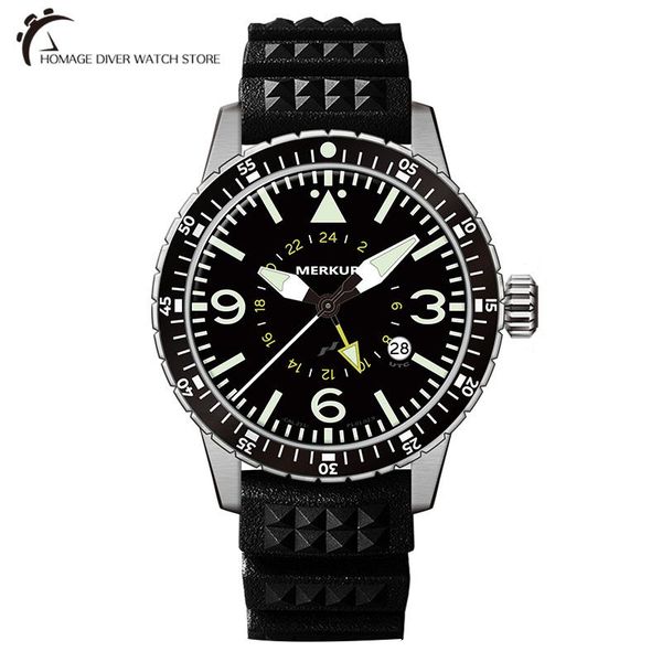

wristwatches merkur 40mm black dial men's watch sapphire crystal luminous 100m water resistance gmt function automatic movement watche, Slivery;brown
