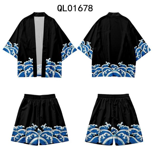 

ethnic clothing japanese men harajuku cardigan and shorts set kimono summer loose shirt casual black waves print coat yukata robe, Red