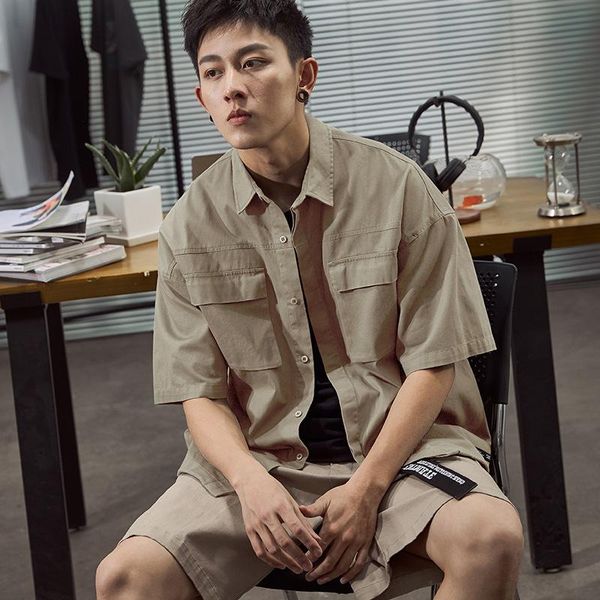 

men's casual shirts summer japanese-style tooling short-sleeved loose oversized jacket outer wear street collocation, White;black