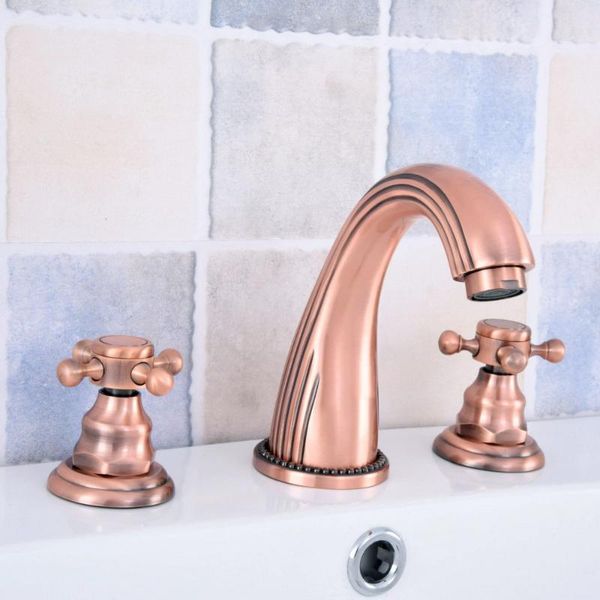 

bathroom sink faucets antique red copper brass deck mounted widespread basin faucet 3 holes mixer tap dual cross handles levers asf535