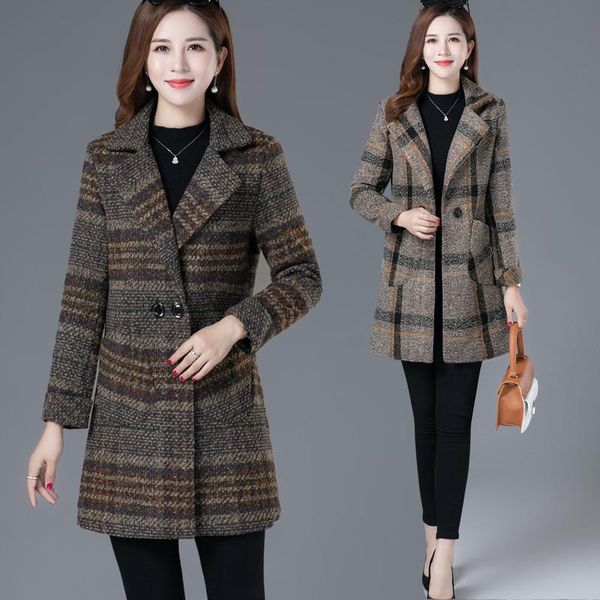 

women's wool & blends lattice woolen coat female spring autumn large size women middle age clothing fashion windbreaker outerwear 5xl, Black