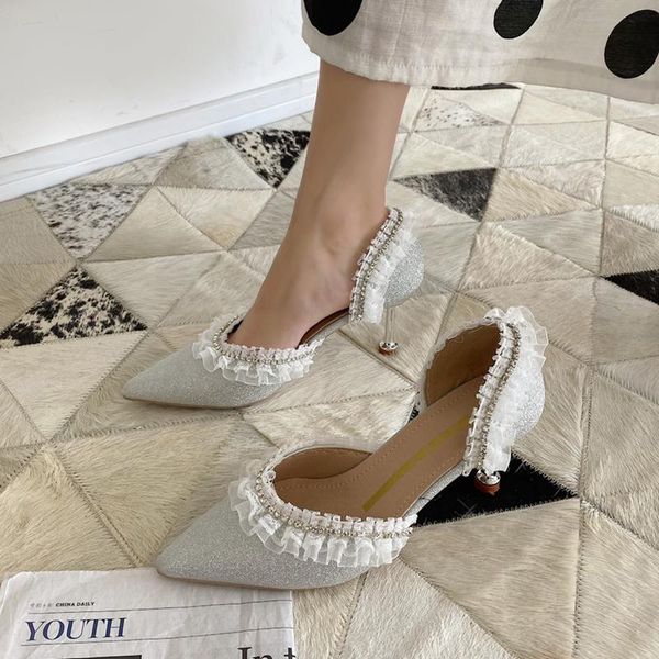 

sandals with laces black shoes for women 2021 summer high heels pointed beige denim closed stiletto comfort high-heeled rhinesto