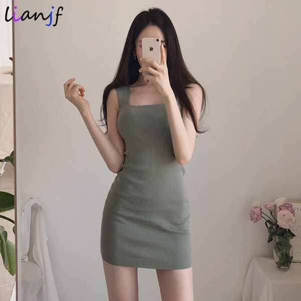 

korean style knitted square collar tight mini dress summer spaghetti strap outfits for women fashion dresses 2021 casual, Black;gray