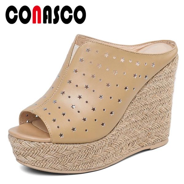 

dress shoes conasco genuine leather women sandals pumps slippers summer fashion concise fretwork wedges heels platforms casual woman, Black