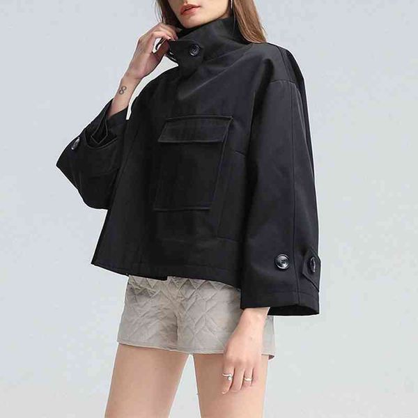 

nordic autumn and winter temperament stand-up collar single-breasted loose jacket, Black