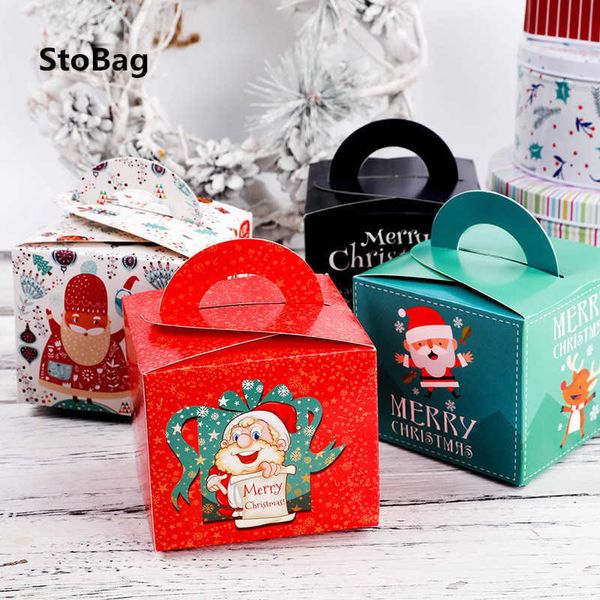 StoBag 20 Stück Schwarz/Weiß/Rot/Greed Merry Christmas Griff Papier Geschenkbox Zubehör Keks Keks Kuchen Dekorieren 210602