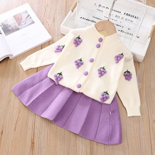 

girl's dresses girls clothing set autumn winter cartoon fruit cardigan warm long sleeve sweater+ skirt 2pcs kids clothes 22el, Red;yellow