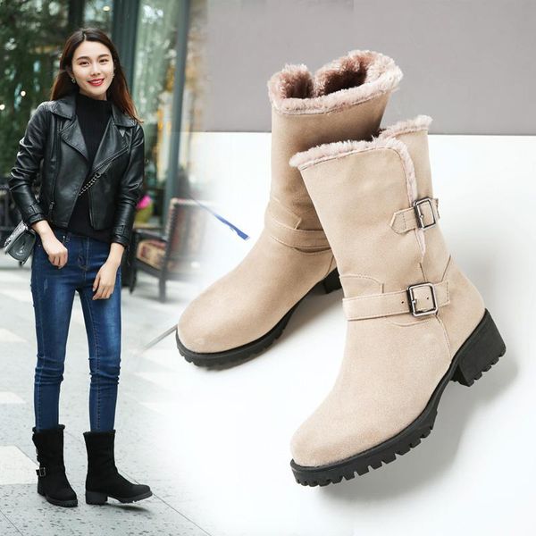 

boots size 33-43 warm snow women zipper platform solid color waterproof mid calf thick fur winter, Black