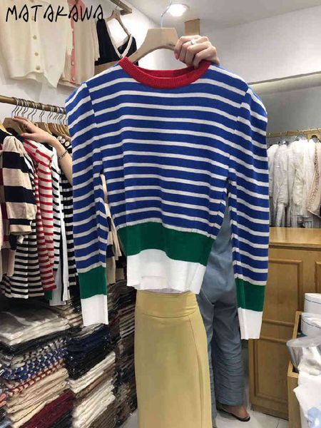 

matakawa slim waist round neck women sweater autumn long-sleeved patchwork color-stripe cropped pullovers woman 210513, White;black